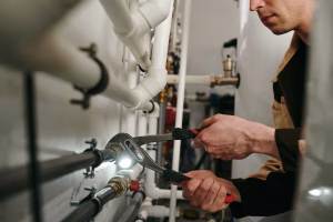 plumber doing a commercial plumbing inspecting
