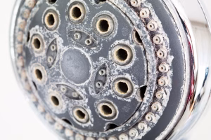 shower head with hard water deposits for impact of hard water on your plumbing system